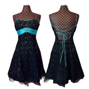 Jump Apparel Blue Black Lace Vtg Y2K Party Dress Size 7/8 Hoco Prom Corset Fairy